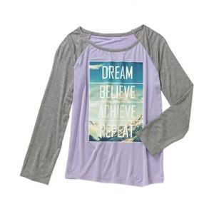 Raglan Long Sleeve Crew Neck Dream Believe Achieve Repeat Graphic Tee Size L 12